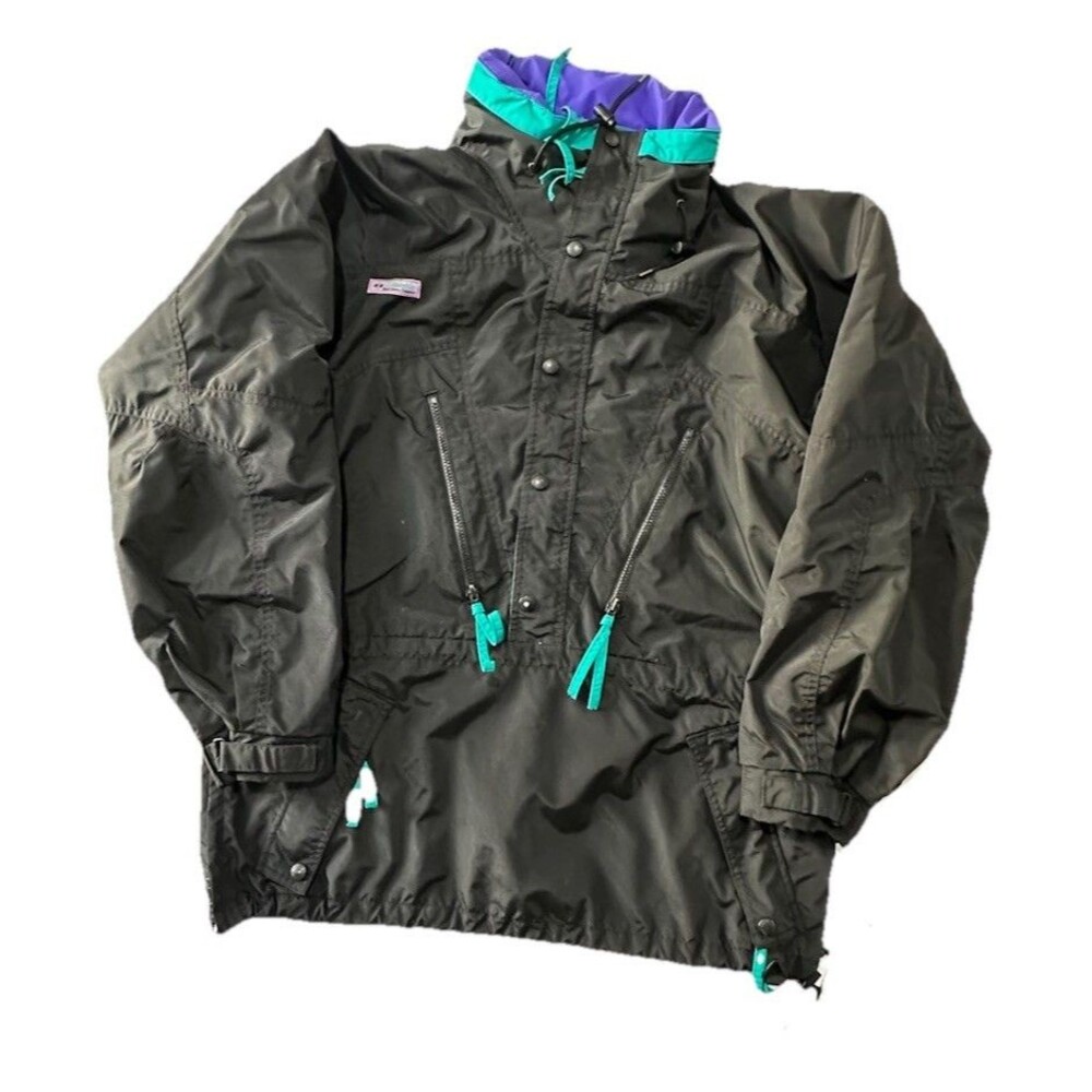 Columbia Sportwear Co. Windbreaker Mens L Black Anorak Hooded Radial Sleeve Flaw